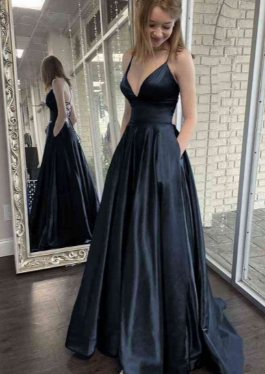 Simple A Line Spaghetti Straps V Neck Satin With Pocket Long Prom Dress,Evening Dress GG1531