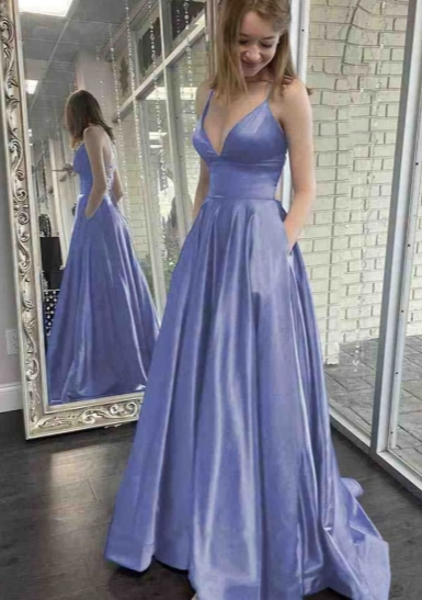 Simple A Line Spaghetti Straps V Neck Satin With Pocket Long Prom Dress,Evening Dress GG1531