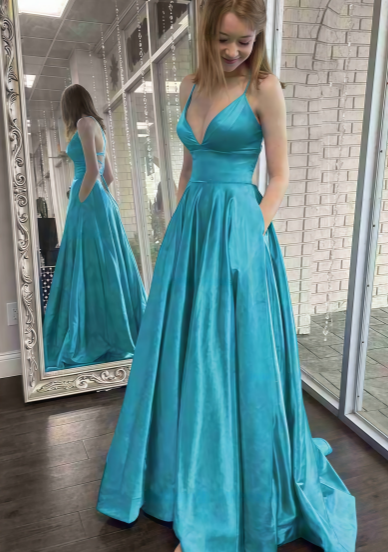 Simple A Line Spaghetti Straps V Neck Satin With Pocket Long Prom Dress,Evening Dress GG1531