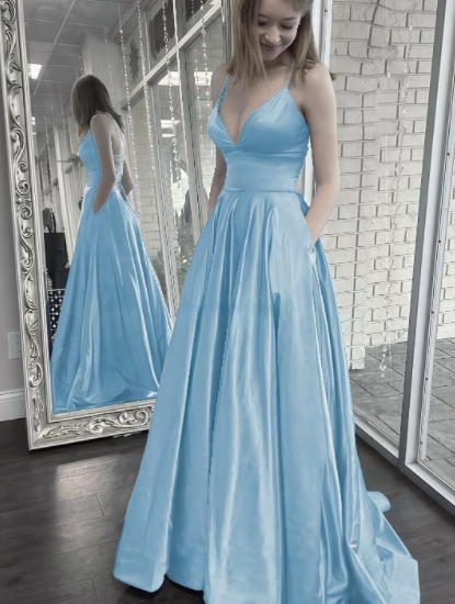 Simple A Line Spaghetti Straps V Neck Satin With Pocket Long Prom Dress,Evening Dress GG1531
