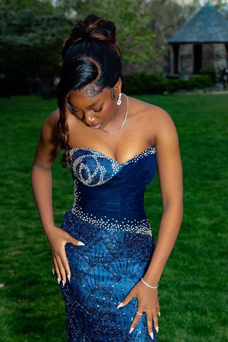 Chic Mermaid Strapless Navy Velvet Satin Beaded Long Prom Dress,Evening Dress GG1533