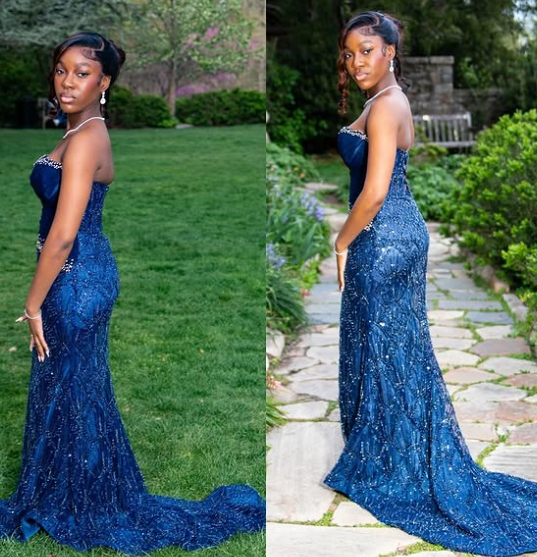 Chic Mermaid Strapless Navy Velvet Satin Beaded Long Prom Dress,Evening Dress GG1533