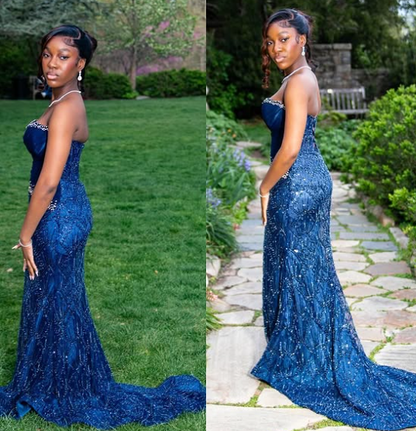 Chic Mermaid Strapless Navy Velvet Satin Beaded Long Prom Dress,Evening Dress GG1533