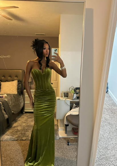 Elegant Mermaid Strapless Green Velvet Pleated Long Prom Dress,Evening Dress GG1534