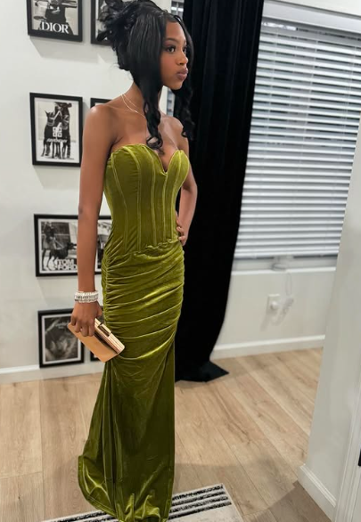 Elegant Mermaid Strapless Green Velvet Pleated Long Prom Dress,Evening Dress GG1534