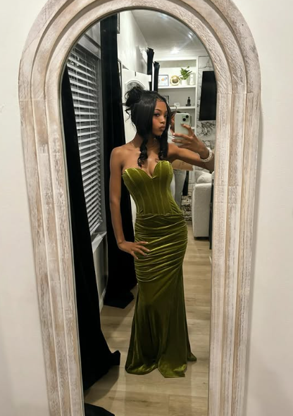 Elegant Mermaid Strapless Green Velvet Pleated Long Prom Dress,Evening Dress GG1534