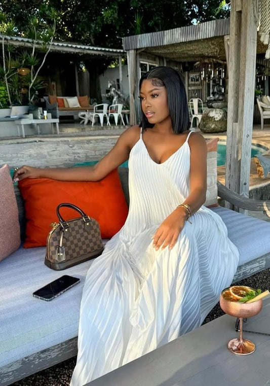 Elegant A Line Spaghetti Straps White Polyester Pleated Long Prom Dress,Evening Dress GG1535