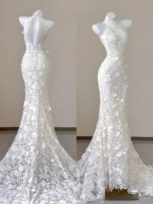 Pretty Mermaid Halter White Lace Applique Long Prom Dress,Evening Dress GG1539