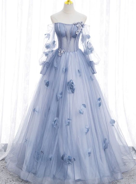 Elegant A Line Off The Shoulder Long Sleeves Lavender Tulle Long Prom Dress,Evening Dresses GG154