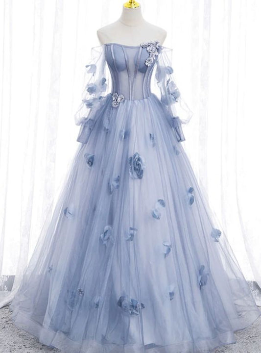 Elegant A Line Off The Shoulder Long Sleeves Lavender Tulle Long Prom Dress,Evening Dresses GG154