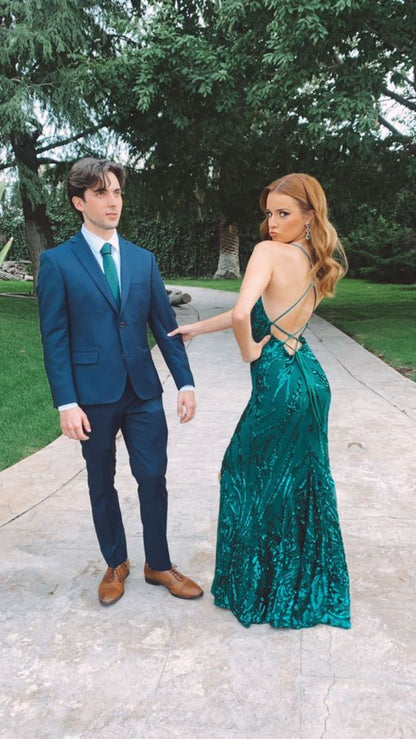 Chic Mermaid Spaghetti Straps Dark Green Satin Applique Slit Long Prom Dress,Evening Dress GG1545