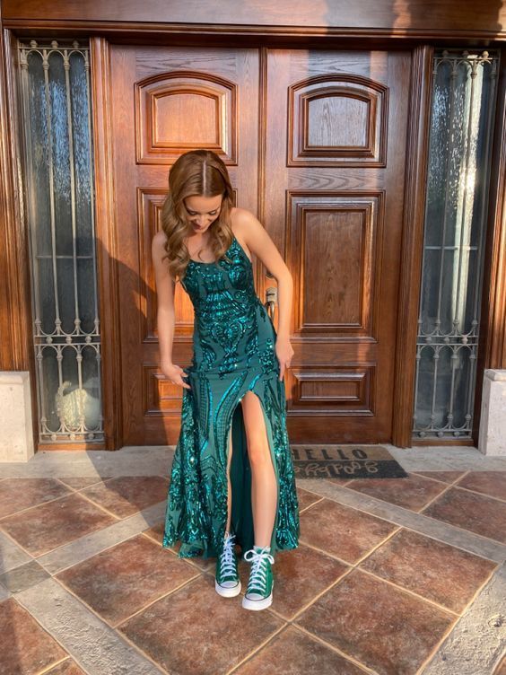 Chic Mermaid Spaghetti Straps Dark Green Satin Applique Slit Long Prom Dress,Evening Dress GG1545