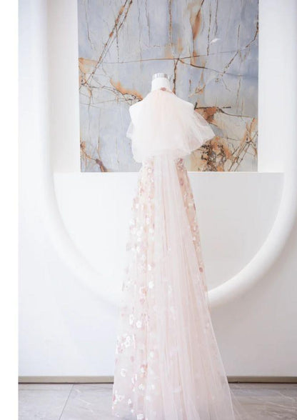 Fairy A Line Halter Light Pink Tulle Applique Long Prom Dress,Evening Dress GG1547