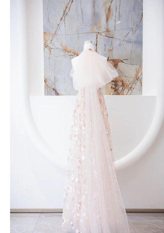 Fairy A Line Halter Light Pink Tulle Applique Long Prom Dress,Evening Dress GG1547