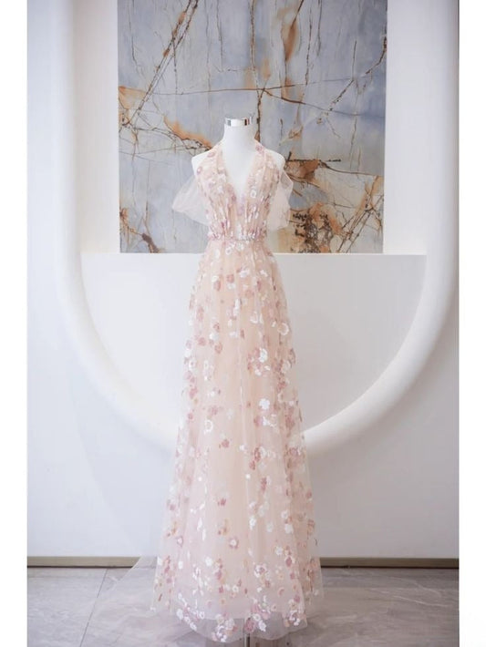 Fairy A Line Halter Light Pink Tulle Applique Long Prom Dress,Evening Dress GG1547