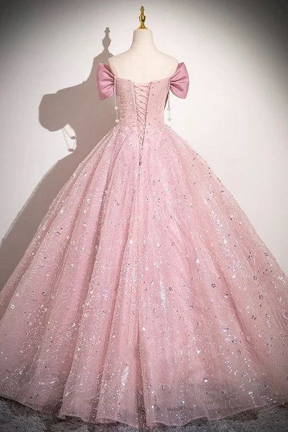 Elegant A Line Off The Shoulder Pink Bow Tulle Sequins Long  Prom Dress,Evening Dresses GG155