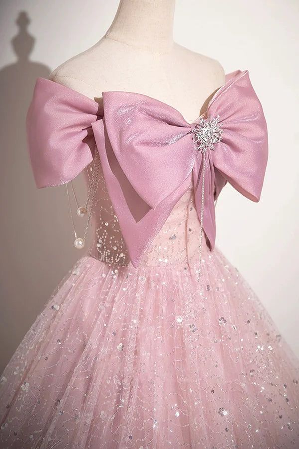 Elegant A Line Off The Shoulder Pink Bow Tulle Sequins Long  Prom Dress,Evening Dresses GG155