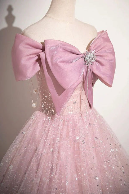 Elegant A Line Off The Shoulder Pink Bow Tulle Sequins Long  Prom Dress,Evening Dresses GG155