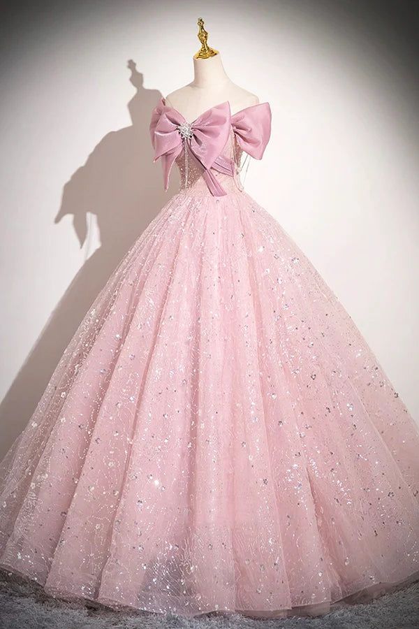 Elegant A Line Off The Shoulder Pink Bow Tulle Sequins Long  Prom Dress,Evening Dresses GG155
