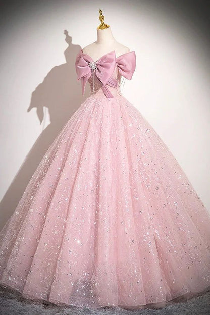 Elegant A Line Off The Shoulder Pink Bow Tulle Sequins Long  Prom Dress,Evening Dresses GG155