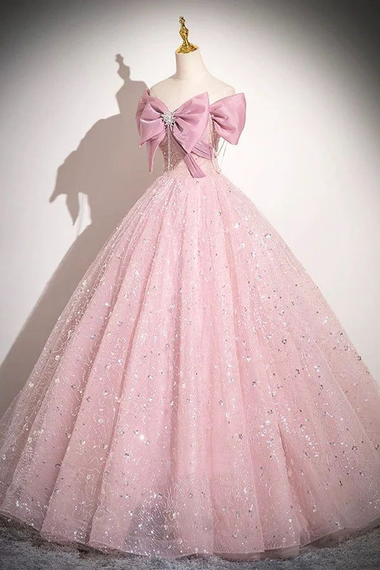 Elegant A Line Off The Shoulder Pink Bow Tulle Sequins Long  Prom Dress,Evening Dresses GG155