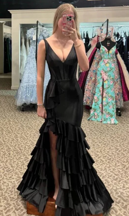Chic Mermaid V Neck Black Satin Ruffles Tiered Slit Long Prom Dress,Evening Dress GG1561