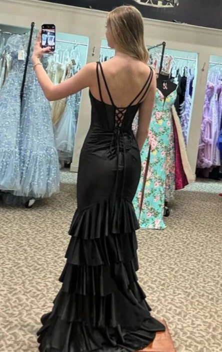 Chic Mermaid V Neck Black Satin Ruffles Tiered Slit Long Prom Dress,Evening Dress GG1561