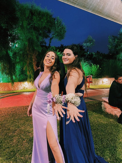 Elegant Mermaid V Neck Lilac Satin Slit Long Prom Dress,Evening Dress GG1562