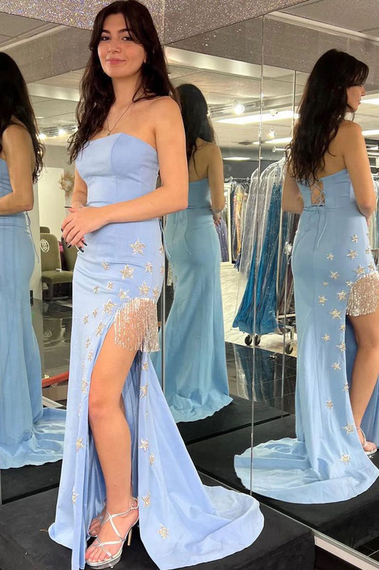 Chic Mermaid Strapless Satin Stars Sequin Slit Long Prom Dress,Evening Dress GG1563