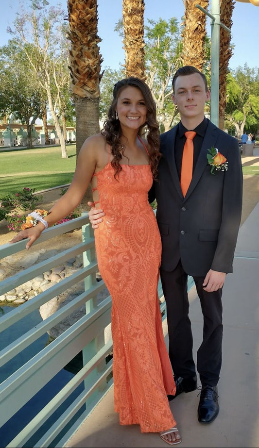 Chic Mermaid Halter Straps Orange Satin Slit Long Prom Dress,Evening Dress GG1581