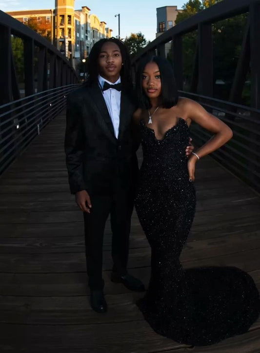 Sparkly Mermaid Strapless Black Satin Sequin Long Prom Dress,Evening Dress GG1590