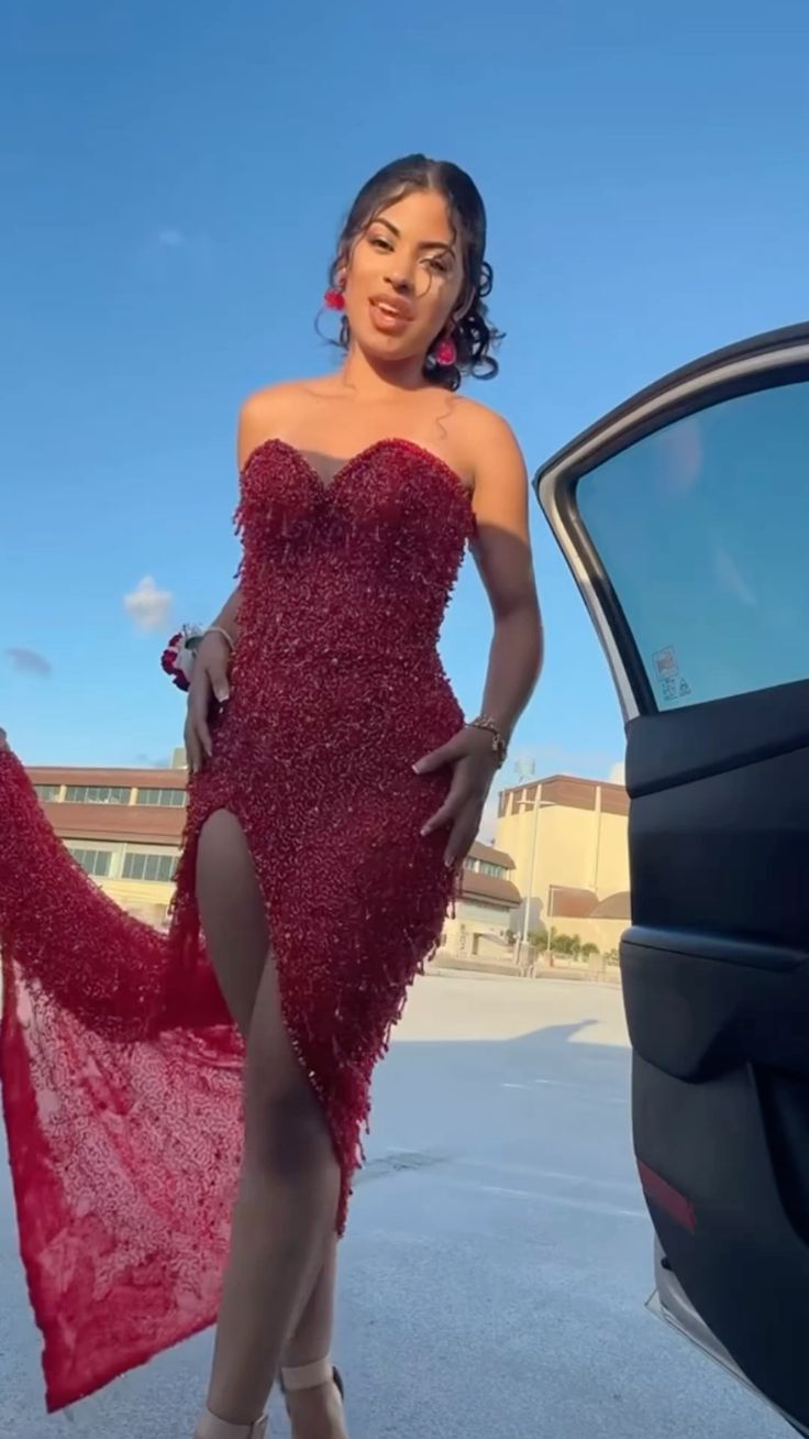 Gorgeous Mermaid Strapless Red Satin Sequin Beaded Slit Long Prom Dress,Evening Dress GG1592