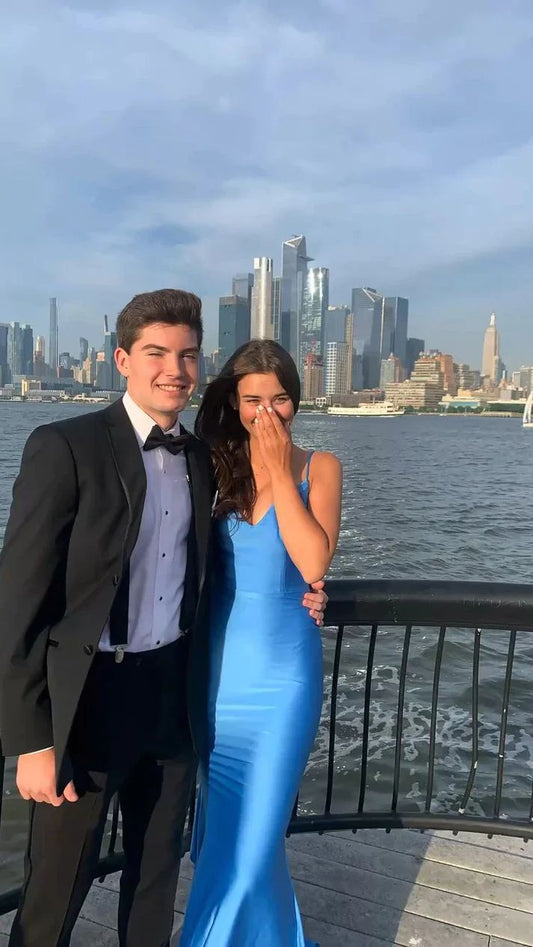 Elegant Mermaid Spaghetti Straps Blue Satin Backless Long Prom Dress,Evening Dress GG1595