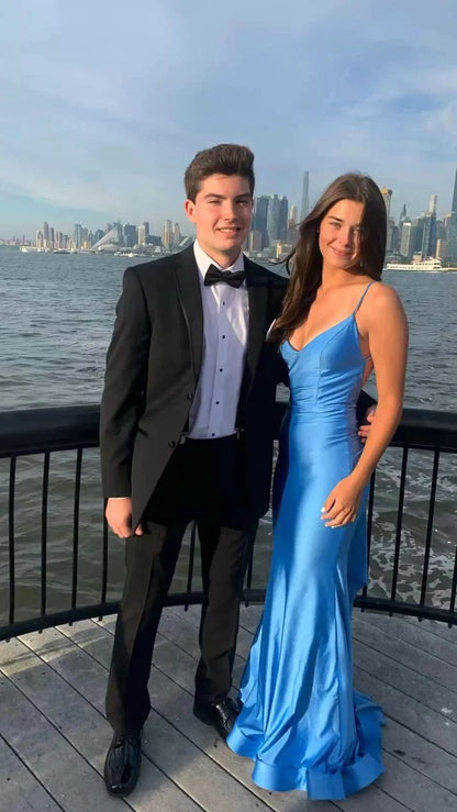 Elegant Mermaid Spaghetti Straps Blue Satin Backless Long Prom Dress,Evening Dress GG1595