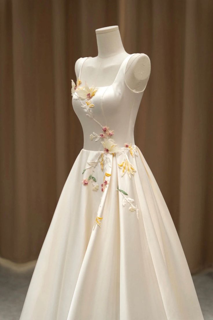 Elegant A Line Light Lvory Square Satin Long Prom Dress With 3D Flowers, Evening Dresses GG160