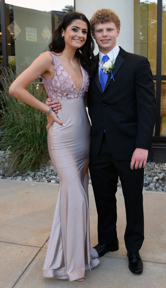 Graceful Mermaid V Neckline Satin Floral Applique Slit Long Prom Dress,Evening Dress GG1601