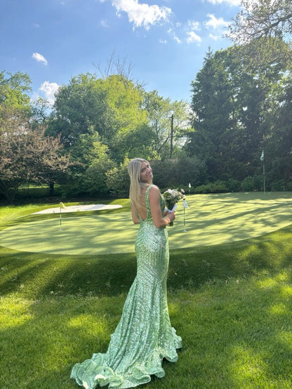 Glamorous Mermaid V Neckline Sequin Backless Sweep Train Long Prom Dress,Evening Dress GG1602