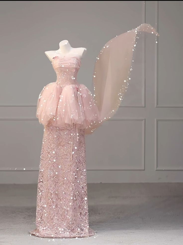 Fairy A Line Strapless Pink Tulle Lace Sequin Sweep Train Long Prom Dress,Evening Dress GG1608