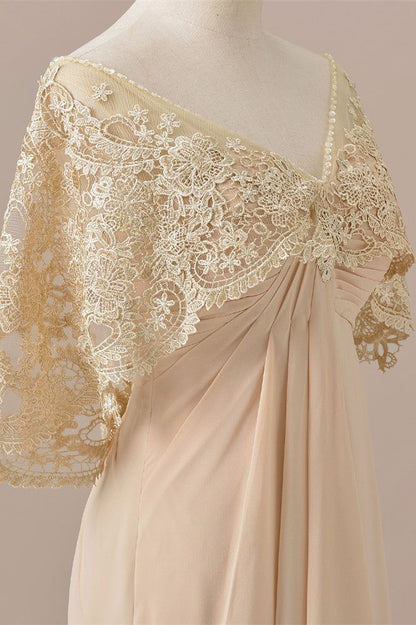 Elegant A Line Champagne Ruffles Chiffon Lace Cape Long Prom Dress,Evening Dresses GG162
