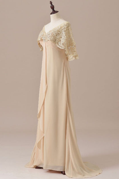 Elegant A Line Champagne Ruffles Chiffon Lace Cape Long Prom Dress,Evening Dresses GG162