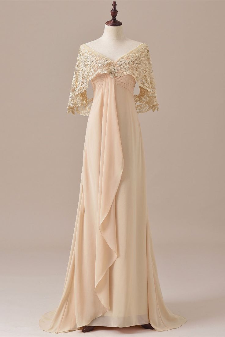 Elegant A Line Champagne Ruffles Chiffon Lace Cape Long Prom Dress,Evening Dresses GG162