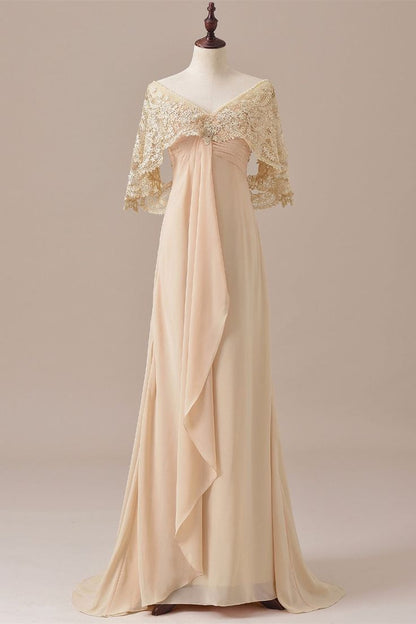 Elegant A Line Champagne Ruffles Chiffon Lace Cape Long Prom Dress,Evening Dresses GG162