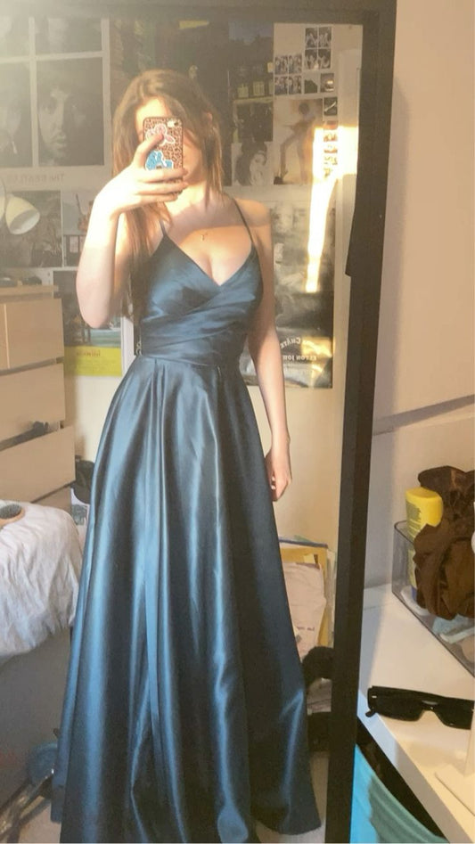Elegant A Line Spaghetti Straps Dark Teal Satin Long Prom Dress,Evening Dress GG1623