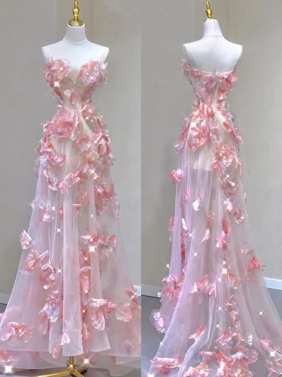 Pretty A Line Strapless Pink Tulle Applique Long Prom Dress,Evening Dress GG1624