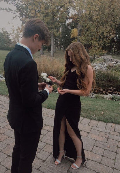 Simple Mermaid Spaghetti Straps Black Satin Slit Long Prom Dress,Evening Dress GG1631