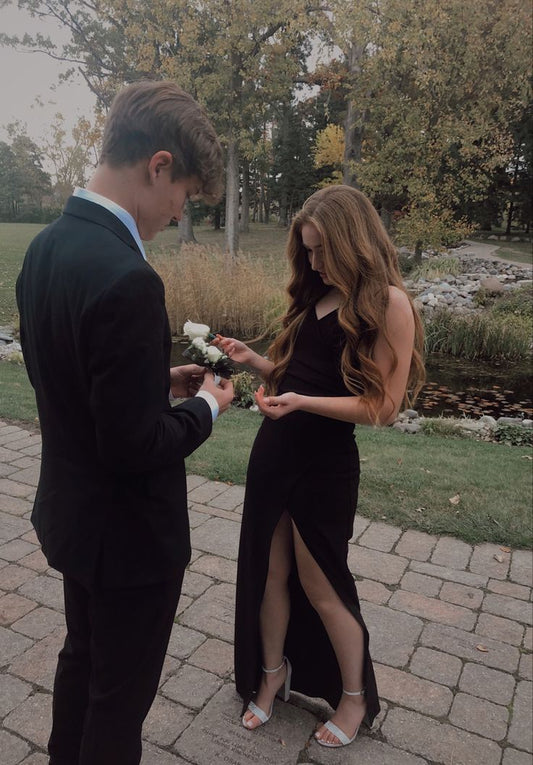 Simple Mermaid Spaghetti Straps Black Satin Slit Long Prom Dress,Evening Dress GG1631