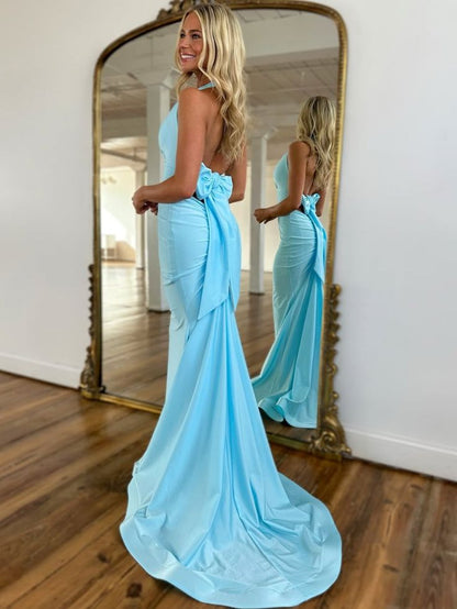 Chic Mermaid Halter V Neck Satin Backless With Bow Long Prom Dress,Evening Dress GG1636