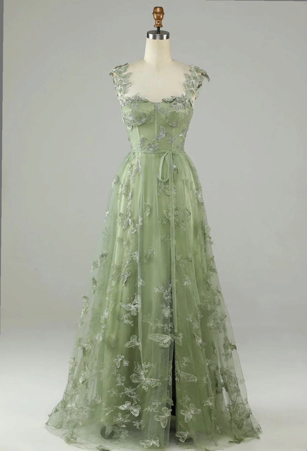 Exquisite A Line Square Green Lace Applique Bow Long Prom Dress,Evening Dresses GG163