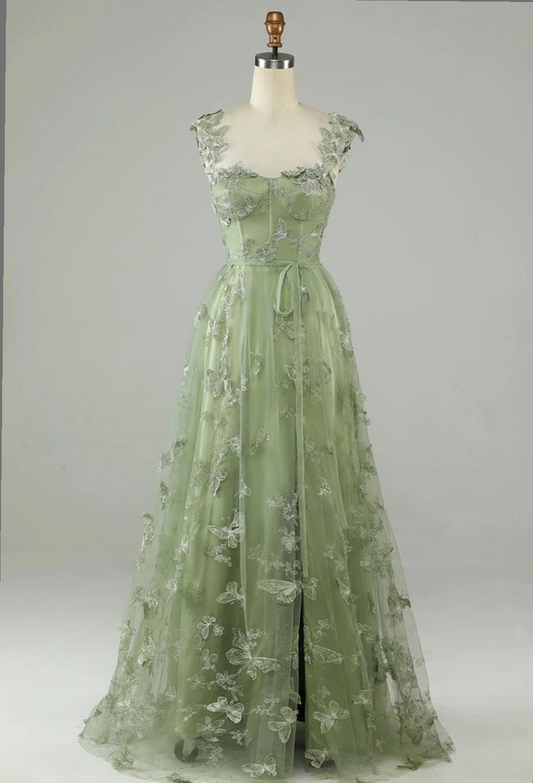 Exquisite A Line Square Green Lace Applique Bow Long Prom Dress,Evening Dresses GG163