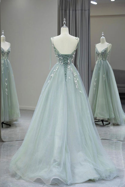 Pretty A Line Spaghetti Straps Tulle Applique Long Prom Dress,Evening Dress GG1640